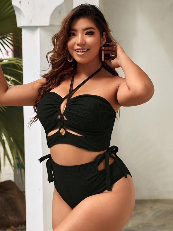 Plus Size Cut Out Ruched Bikini Set, Plain Criss Cross Halter Swim Bra & Tie Side Swim Panty, Bathing Suits Women, Women's Two-Piece Back To School Swimsuit for Summer Beach Holiday