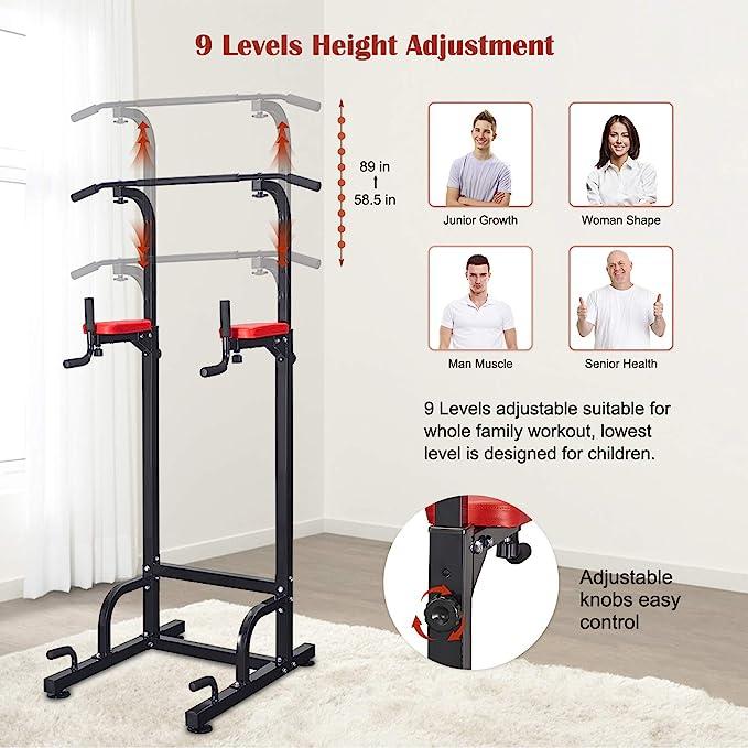 Relife Sports Power Tower Pull Up Bar Dip Station for Home Gym Adjustable Height Strength Training Workout Equipment