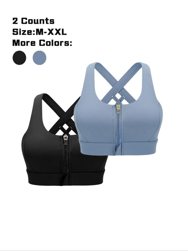 Women's Solid Criss Cross Zipper Front Wireless Sports Bra, Breathable Comfortable Sports Bra, Ladies Sportswear for Indoor Outdoor Wear