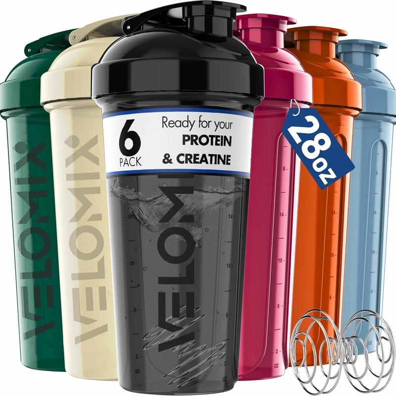 6 PACK- Shaker Cups for Protein Shakes 28 oz - 6x Wire Whisk | Leak Proof Protein Shaker Bottle for Protein Shakes, Shaker Bottle Pack for Pre