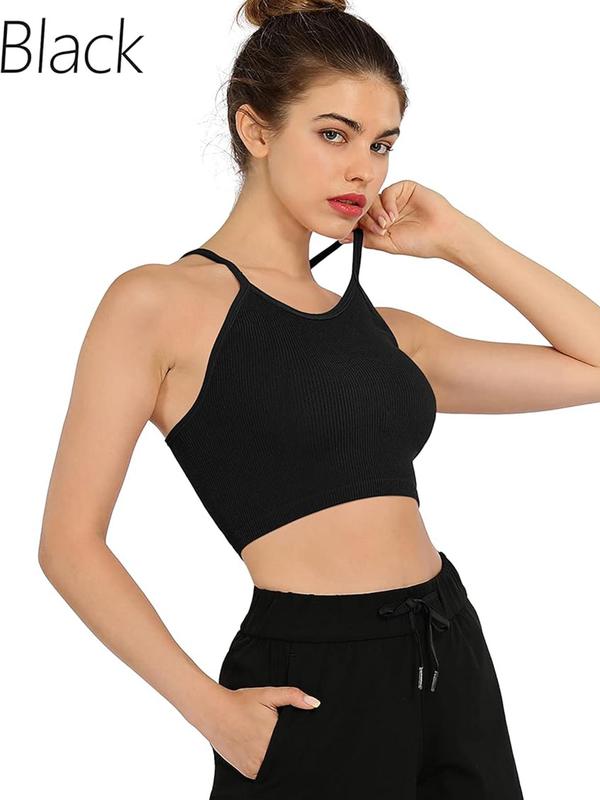 Women's Solid Ribbed Sports Vest, Sporty Breathable Racerback Cami Top, Ladies Summer Sportswear for Yoga Gym Workout