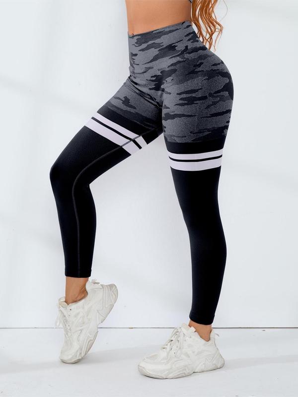 Women's Striped & Camo Pattern Summer Sports Leggings with Phone Pocket, Tummy Control Butt Lift Leggings, High Waisted Athletic Workout Running Yoga Pants