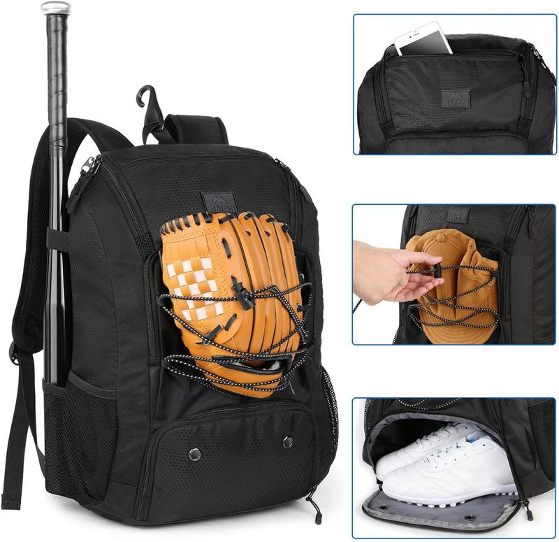 Baseball Backpack, Softball Bat Bag with Shoes Compartment for Youth, Boys and Adult, Lightweight Baseball Bag with Fence Hook Hold TBall Bat, Batting Mitten, , Caps, Teeball Gear