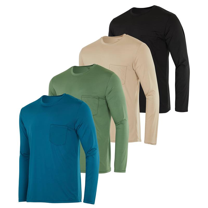 Real Essentials 4 Pack: Men's Dry-Fit Active Athletic Long Sleeve Pocket Crew T-Shirt Outdoors UPF 50 S-5XLT