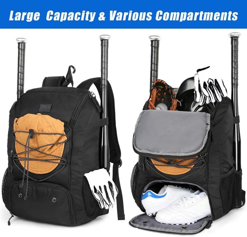 Baseball Backpack, Softball Bat Bag with Shoes Compartment for Youth, Boys and Adult, Lightweight Baseball Bag with Fence Hook Hold TBall Bat, Batting Mitten, , Caps, Teeball Gear