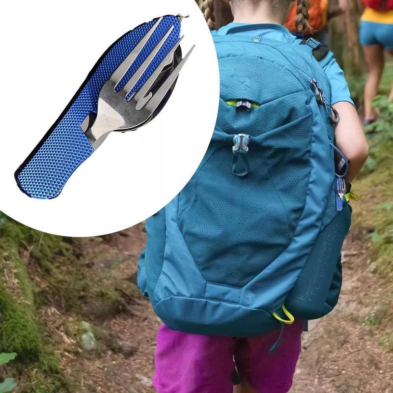 Folding Camping Utensils, 1 Count Stainless Steel Spoon Fork Bottle Opener Set, Detachable Tableware Multifunctional Tool for Outdoor Camping