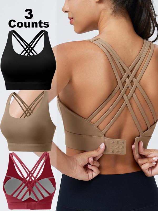 Women's Criss Cross Back Sports Bras, Solid Color Adjustable Hook & Eye Closure Push Up Bra, Soft Breathable Non-removable Moulded Cups Bra for Women