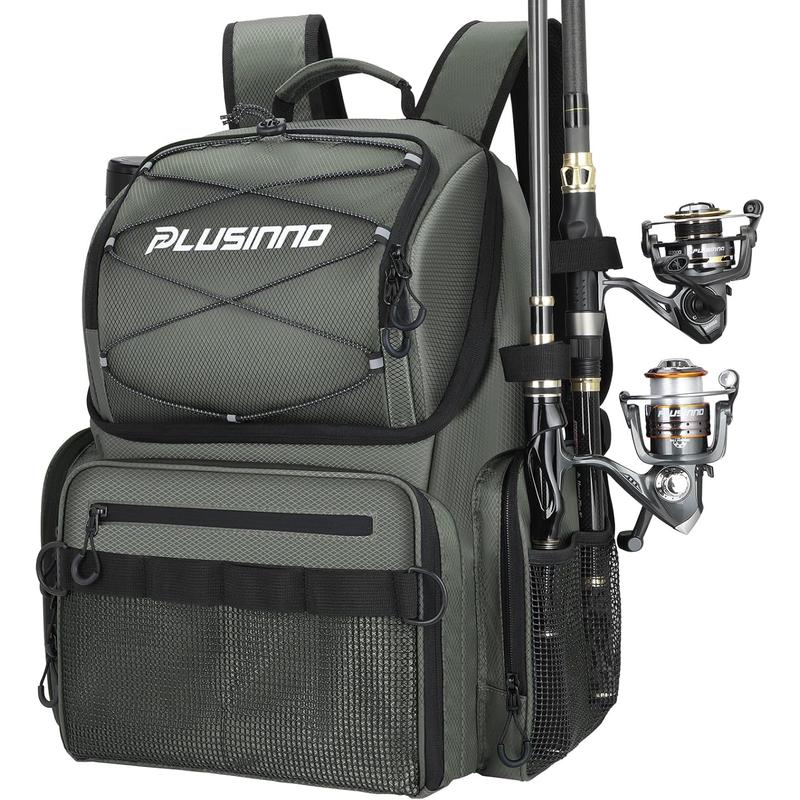 PLUSINNO Fishing Backpack with Rod Holders & Cooler, 45L Large Water-Resistant Fishing Tackle Bag,Fishing Tackle Backpack PLUSINNO