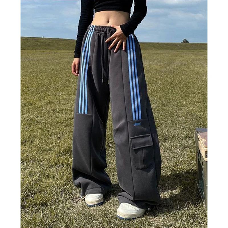 MEXZT Oversized Striped Sweatpants Women Y2K Streetwear Cargo Pants Harajuku Wide Leg Joggers High Waist Baggy Sports Trousers