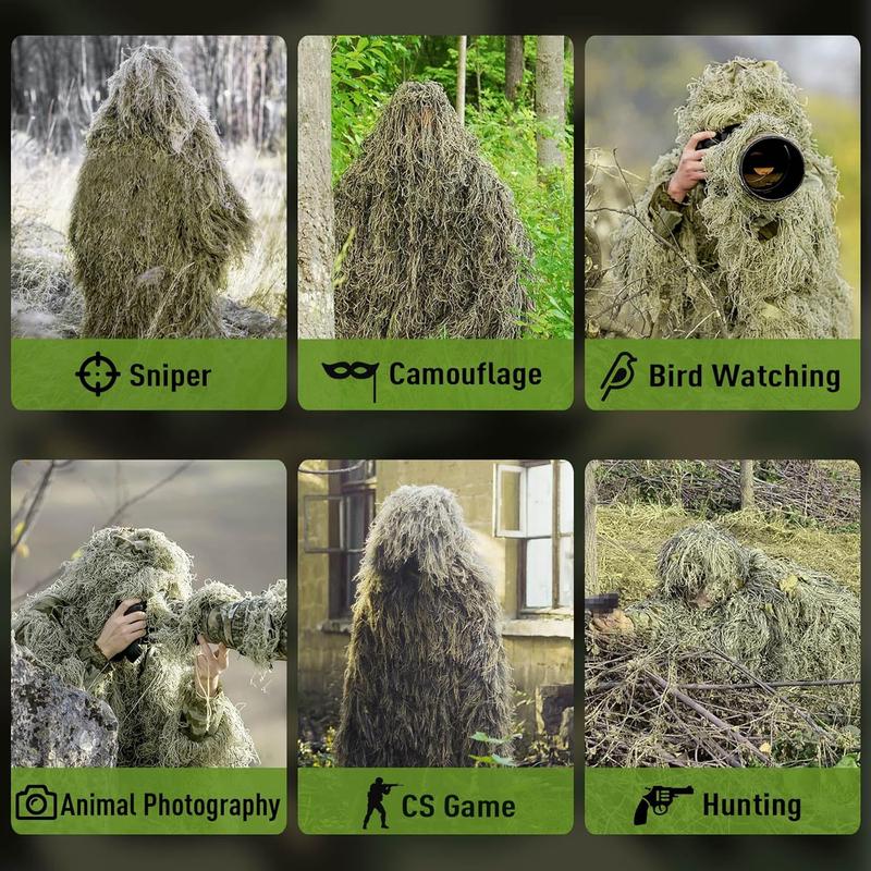 6 in 1 Ghillie Suit, 3D Camouflage Hunting Apparel Including, Pants, Hood, Carry Bag and Camo Tapes