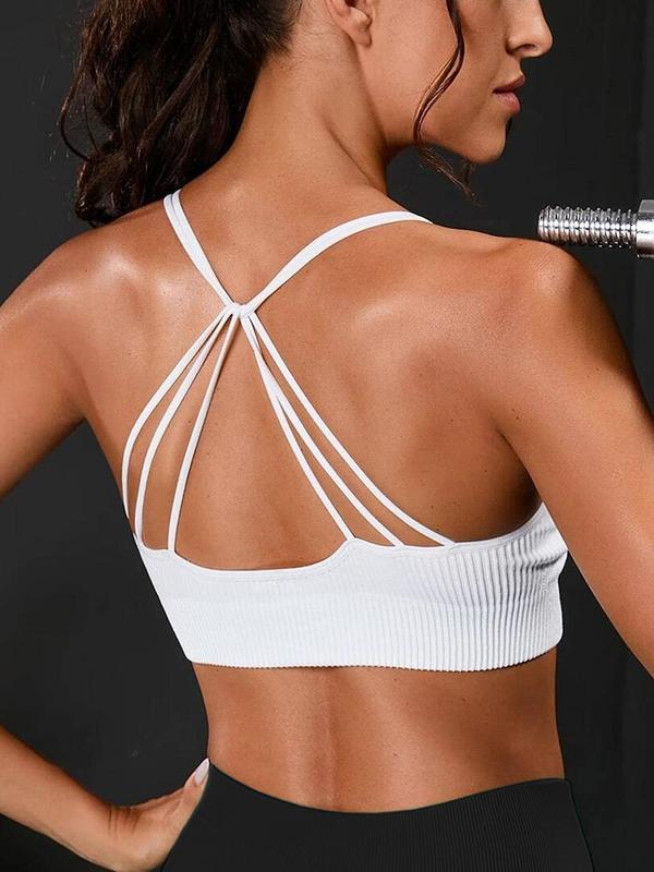 Women's Solid Criss Cross Backless Ribbed Wireless Sports Bra, Breathable Comfortable High Stretch Seamless Double Spaghetti Strap Design Sports Bra, Ladies Sportswear for Indoor Outdoor Wear