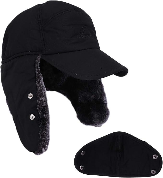 Mens Winter Thermal Trapper Hat with Ear Flaps and Fur Mask for Skiing, Hunting, and Cycling