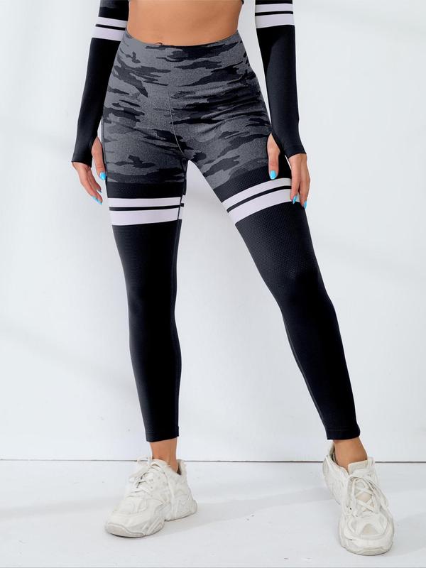 Women's Striped & Camo Pattern Summer Sports Leggings with Phone Pocket, Tummy Control Butt Lift Leggings, High Waisted Athletic Workout Running Yoga Pants