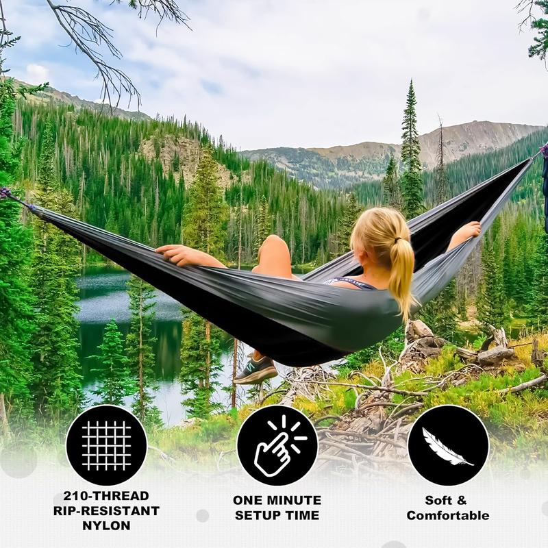 SZHLUXO Camping Hammock Double & Single Portable Hammocks with 2 Tree Straps, Great for Hiking,Backpacking,Hunting,Outdoor,Beach,Camping,Black   Grey