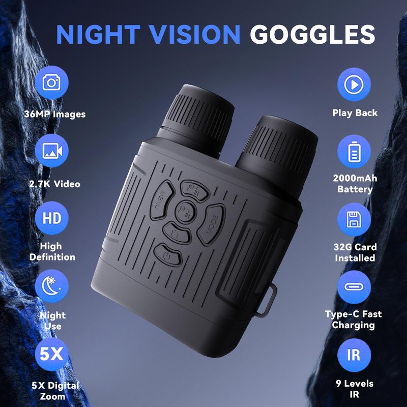 2.7K Night Vision Binoculars  with 32GB TF Card for Photos and Videos, 10X Digital Zoom. Ideal Gift for Outdoor Enthusiasts and Animal Watchers