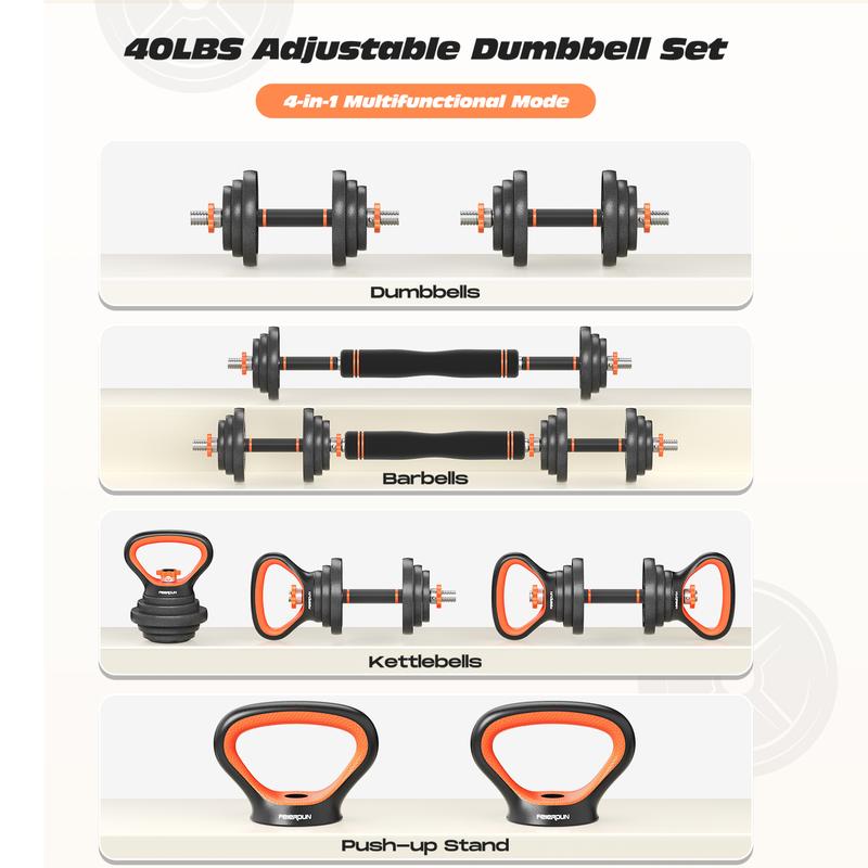 FEIERDUN Adjustable Dumbbells, 40lbs Free Weights Set with Barbell Connector,4 in1 Dumbbells Set with Anti-Slip Alloy Steel Handle, Suitable for Men and Women Workout Fitness