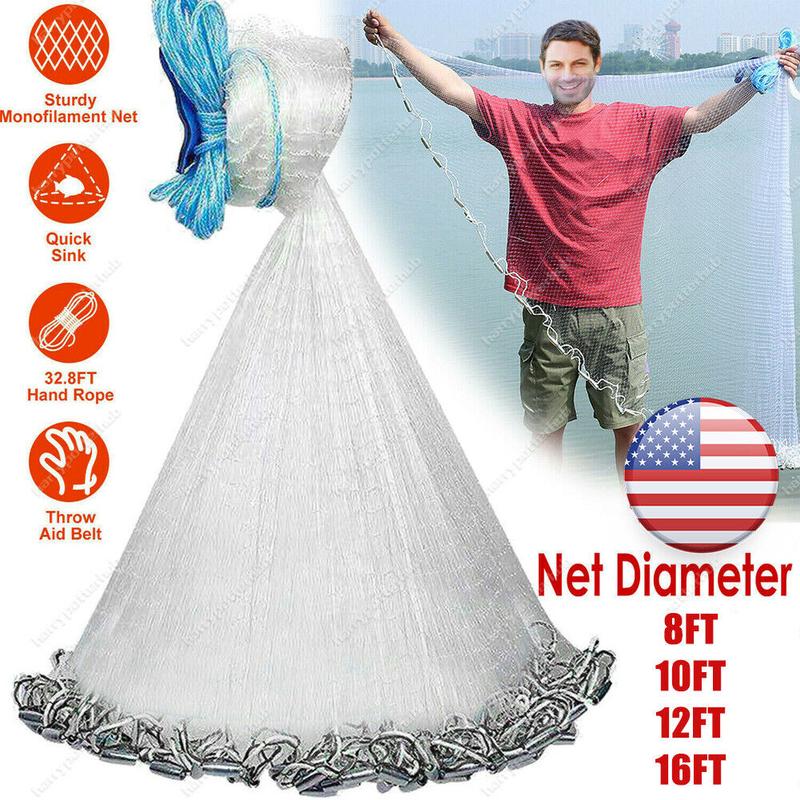 8 10 12 14 16FT Fishing Cast Net Bait Easy Throw Hand Cast Strong Nylon Mesh USA