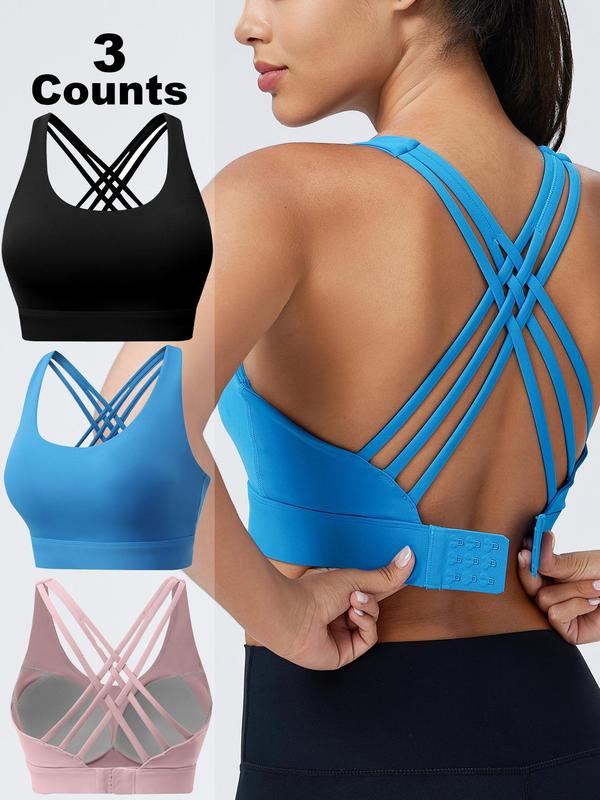 Women's Criss Cross Back Sports Bras, Solid Color Adjustable Hook & Eye Closure Push Up Bra, Soft Breathable Non-removable Moulded Cups Bra for Women