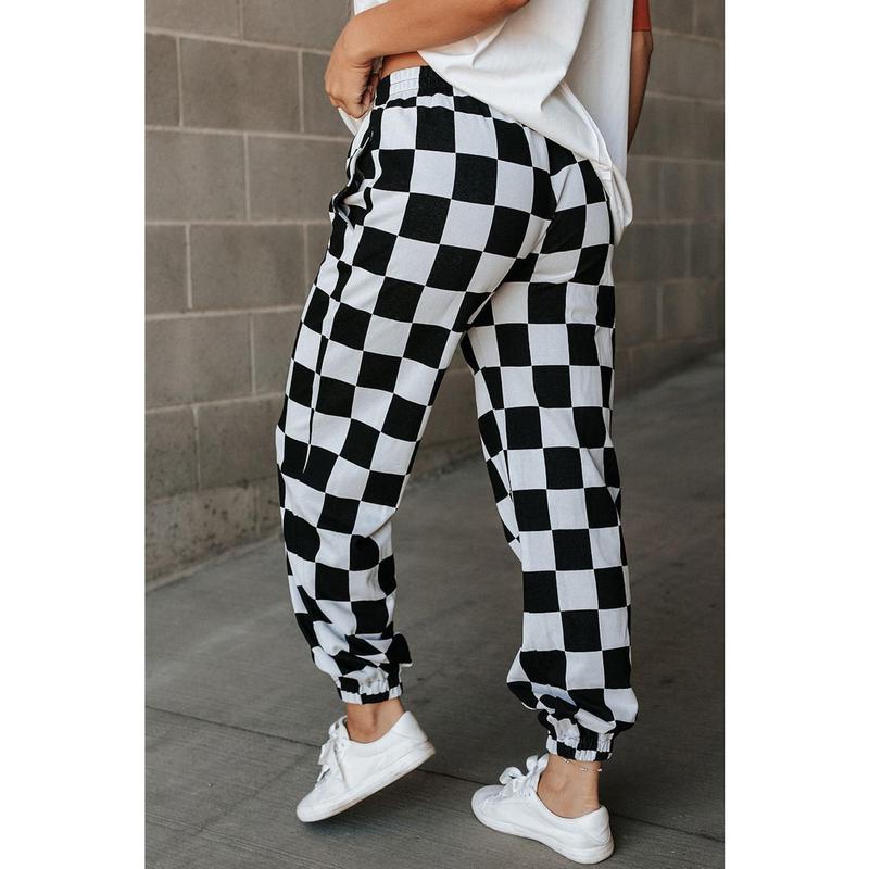 Black Checkerboard Elastic Waist Pocketed Joggers