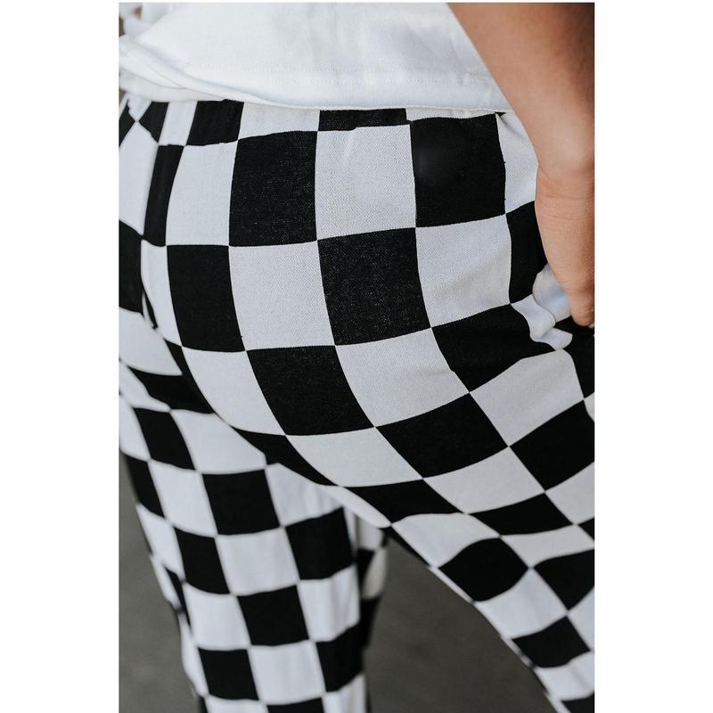 Black Checkerboard Elastic Waist Pocketed Joggers