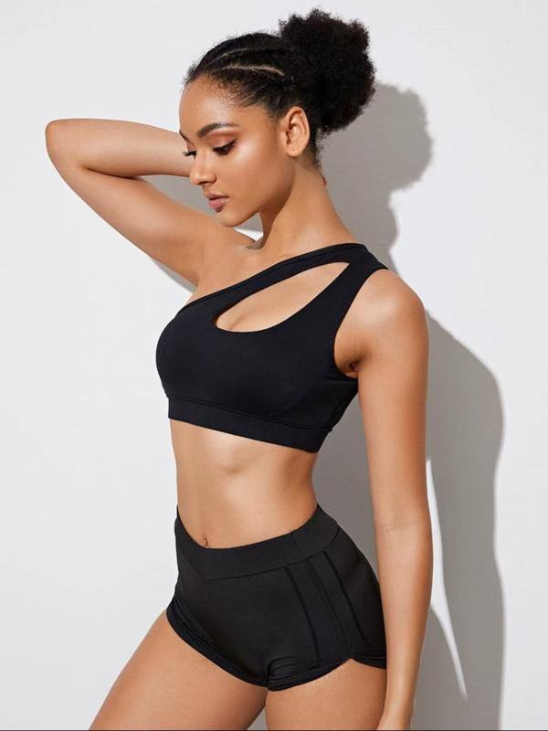 Women's Solid Cut Out One Shoulder Backless Lined Sports Bra, Casual Asymmetrical Comfy Breathable Wireless Sports Bra, Ladies Sportswear for Yoga Gym Workout