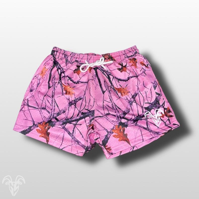 Goat Strength Unisex Goat Strength Shorts - 5 inch inseam - Pink Camo   Gym camouflage pink shorts - Zipper Pockets -Mesg