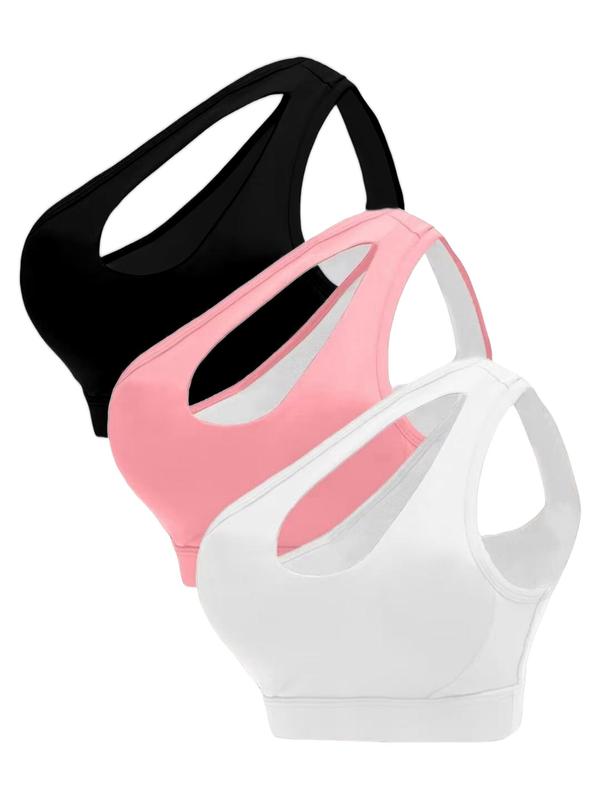 Women's Solid Cut Out One Shoulder Backless Lined Sports Bra, Casual Asymmetrical Comfy Breathable Wireless Sports Bra, Ladies Sportswear for Yoga Gym Workout