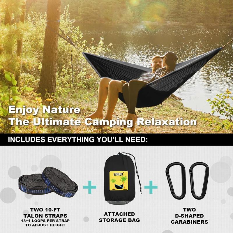 SZHLUXO Camping Hammock Double & Single Portable Hammocks with 2 Tree Straps, Great for Hiking,Backpacking,Hunting,Outdoor,Beach,Camping,Black   Grey