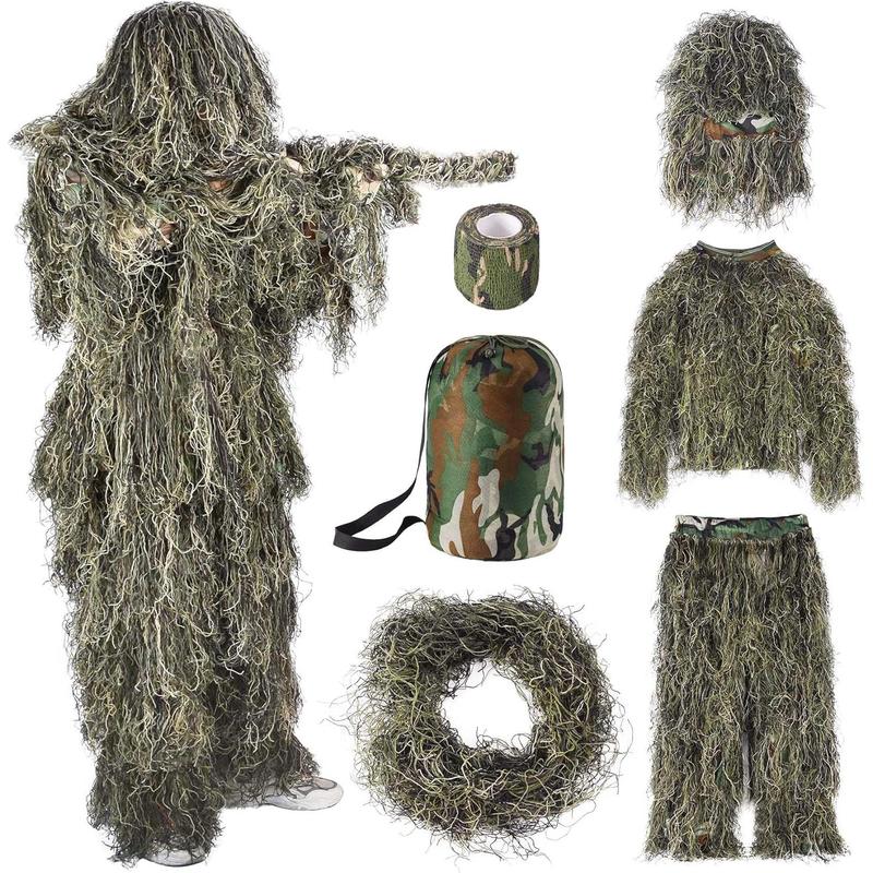 6 in 1 Ghillie Suit, 3D Camouflage Hunting Apparel Including, Pants, Hood, Carry Bag and Camo Tapes