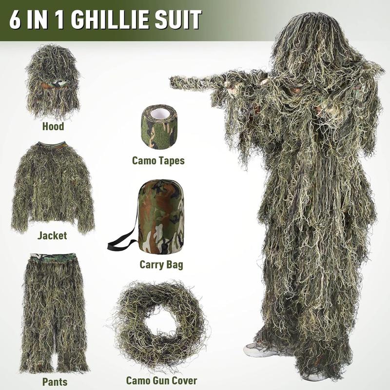 6 in 1 Ghillie Suit, 3D Camouflage Hunting Apparel Including, Pants, Hood, Carry Bag and Camo Tapes