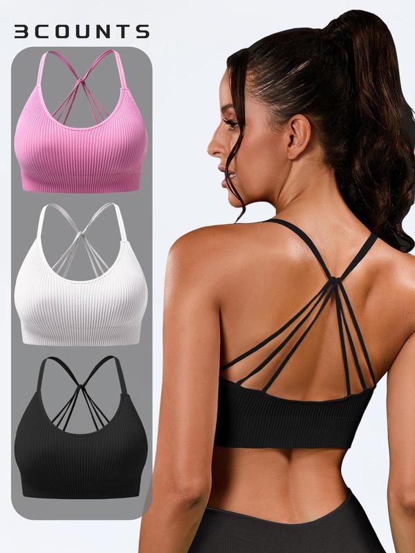 Women's Solid Criss Cross Backless Ribbed Wireless Sports Bra, Breathable Comfortable High Stretch Seamless Double Spaghetti Strap Design Sports Bra, Ladies Sportswear for Indoor Outdoor Wear