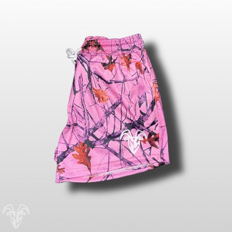 Goat Strength Unisex Goat Strength Shorts - 5 inch inseam - Pink Camo   Gym camouflage pink shorts - Zipper Pockets -Mesg