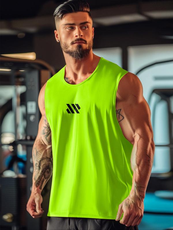 Men's Geometric Print Round Neck Sports Vest, Comfort Breathable Crew Neck Tank Top for Gym Workout Running, Casual Sportswear for Men, Fall Outfits, Fallfreshness