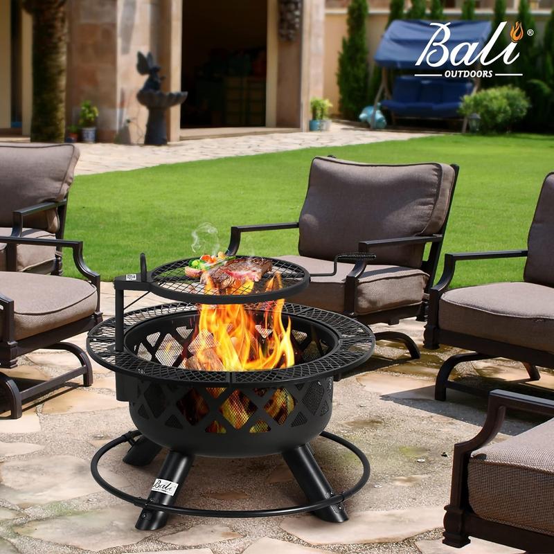 BALI OUTDOORS Fire Pits Outdoor Wood Burning, Wood Fire Pit with Cooking Grate Outdoor Fireplace with Cooking Grill Firepit Grill, 20 Inch Fire Bowl, Black