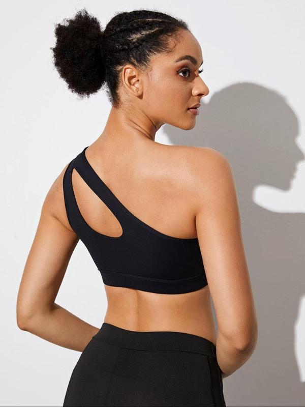 Women's Solid Cut Out One Shoulder Backless Lined Sports Bra, Casual Asymmetrical Comfy Breathable Wireless Sports Bra, Ladies Sportswear for Yoga Gym Workout