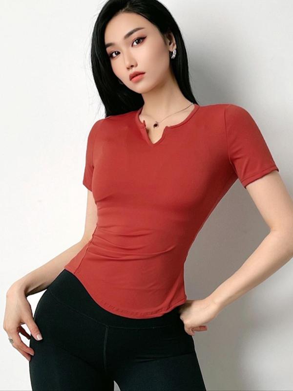 Women's Plain Ruched Notched Neck Sports Tee, Casual Sporty Quick-drying Short Sleeve T-shirt for Summer, Ladies Sportswear for Gym Fitness Running