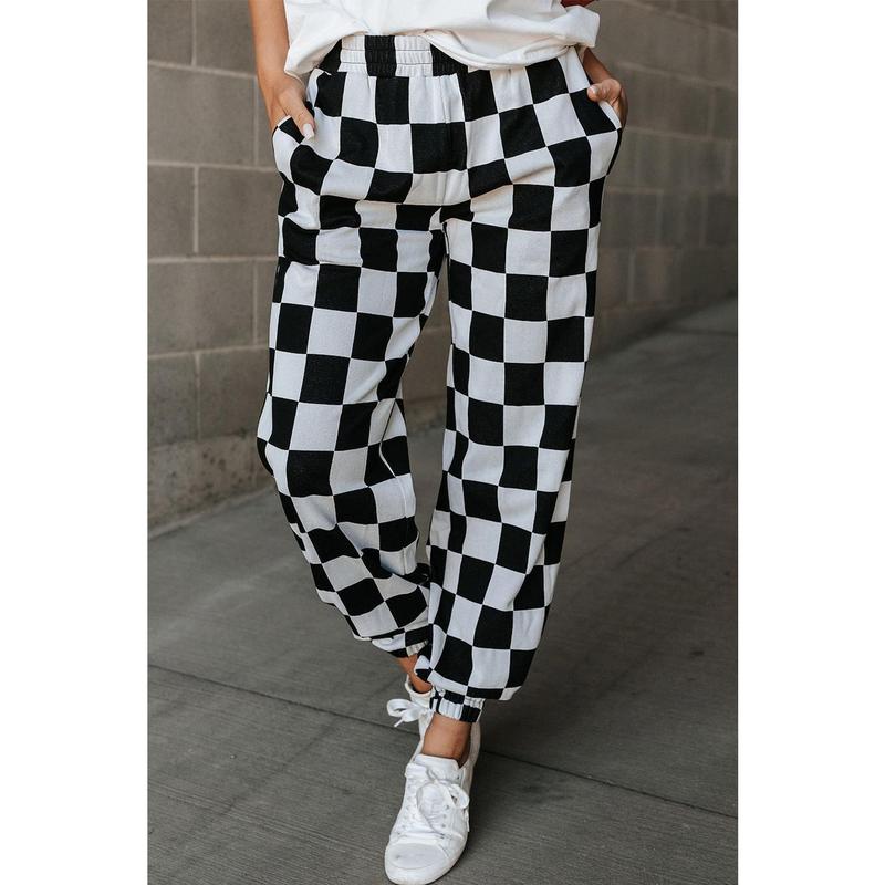 Black Checkerboard Elastic Waist Pocketed Joggers