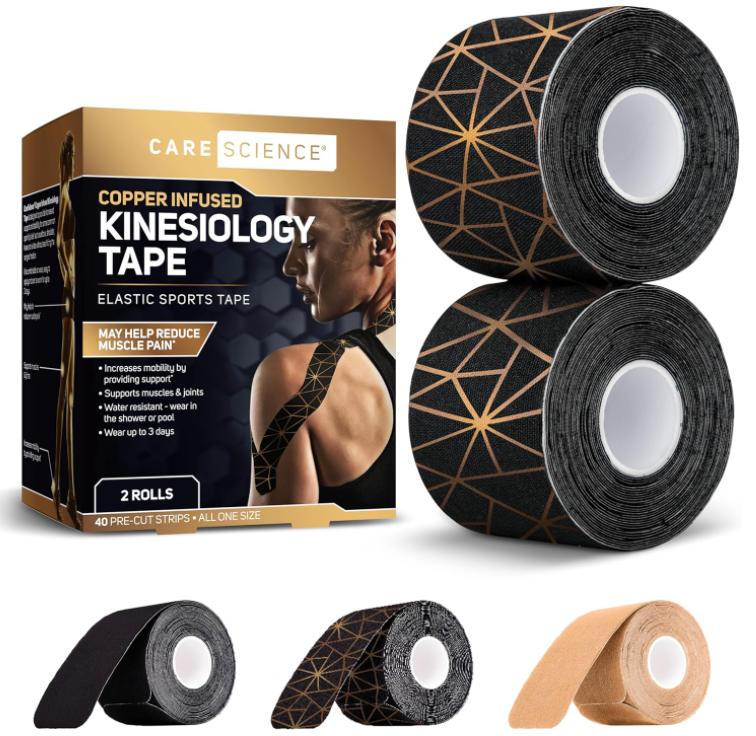 Care Science Waterproof Kinesiology Tape, 40 ct Precut Strips (2 Rolls), Copper Infused for Sports & Weightlifting