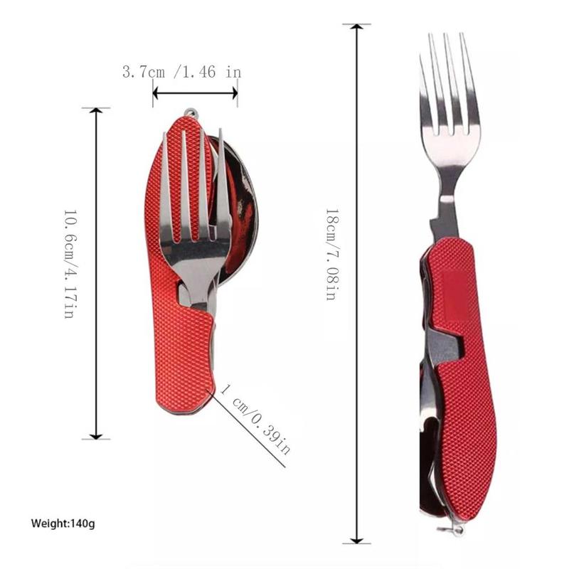 Folding Camping Utensils, 1 Count Stainless Steel Spoon Fork Bottle Opener Set, Detachable Tableware Multifunctional Tool for Outdoor Camping