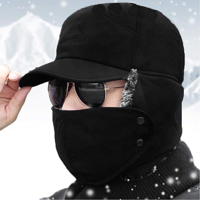 Mens Winter Thermal Trapper Hat with Ear Flaps and Fur Mask for Skiing, Hunting, and Cycling