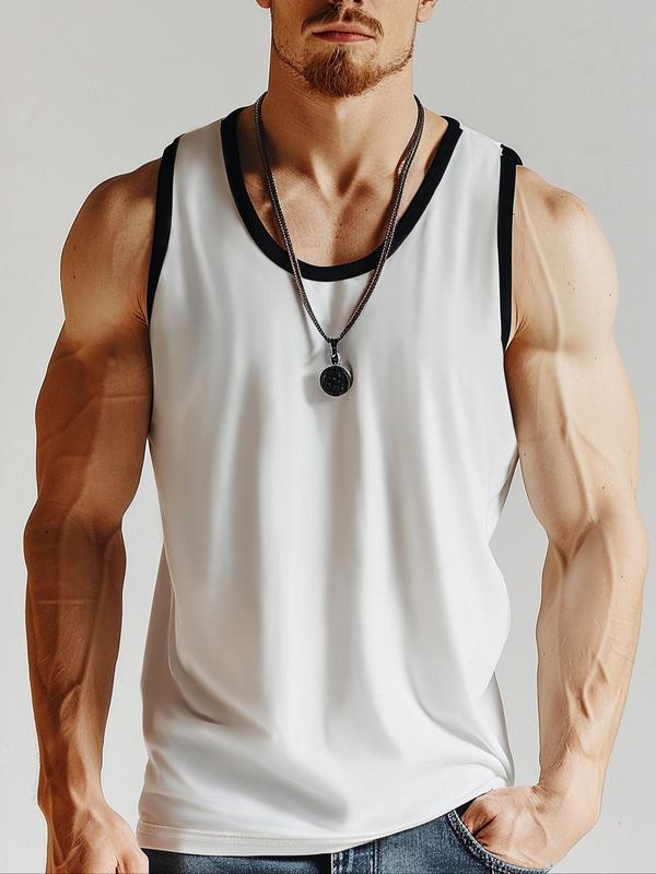 Men's Regular Fit Contrast Binding Round Neck Sports Tank Top, Running Vest, Casual Breathable Sweat-absorbing Crew Neck Sleeveless Top for Gym Workout Running, Summer Sportswear for Men