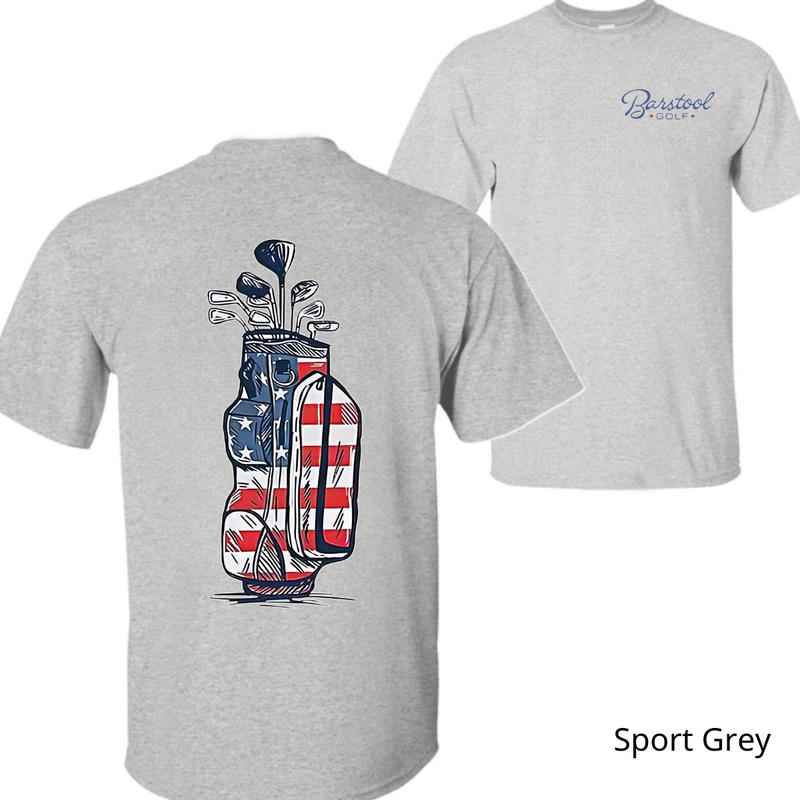 Barstool Golf T-Shirt - Patriotic Golf Bag Design, Perfect for Unisex Wear, Show Off Your American Pride on the Golf Course, Ideal for Casual and Sporting Days.