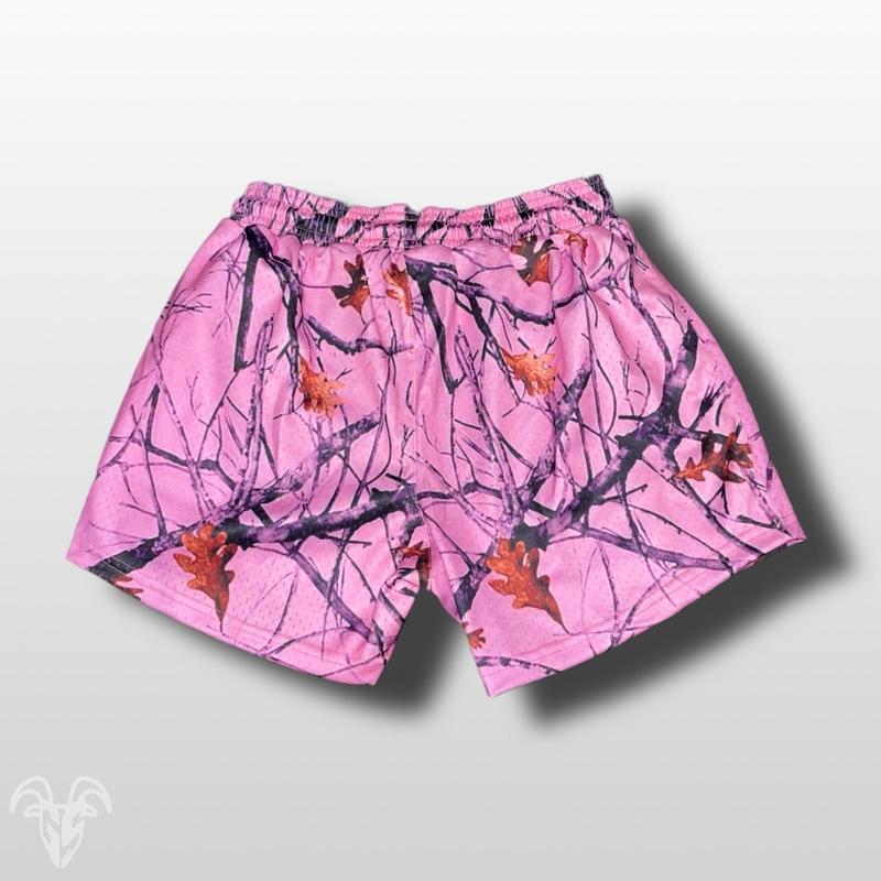 Goat Strength Unisex Goat Strength Shorts - 5 inch inseam - Pink Camo   Gym camouflage pink shorts - Zipper Pockets -Mesg