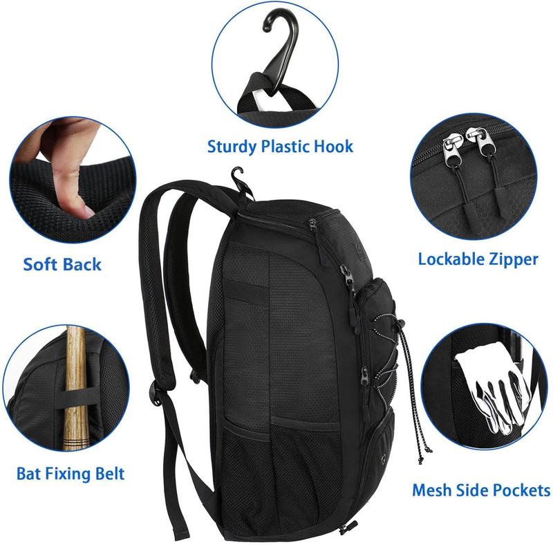 Baseball Backpack, Softball Bat Bag with Shoes Compartment for Youth, Boys and Adult, Lightweight Baseball Bag with Fence Hook Hold TBall Bat, Batting Mitten, , Caps, Teeball Gear