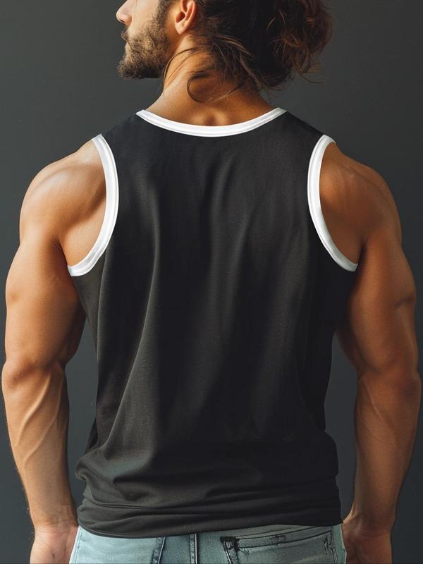 Men's Regular Fit Contrast Binding Round Neck Sports Tank Top, Running Vest, Casual Breathable Sweat-absorbing Crew Neck Sleeveless Top for Gym Workout Running, Summer Sportswear for Men