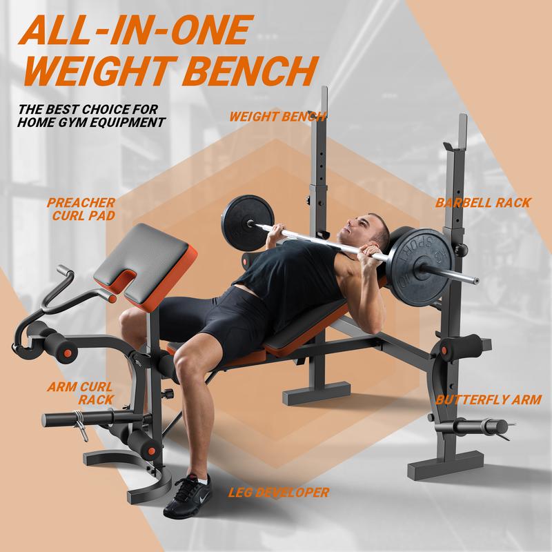 Bearbro 660lb 6-in-1 Adjustable Weight Bench with Multi-Purpose Workout Bench Set With Barbel Rack and Leg Developer for Home Gym Full Body Function Strength Training