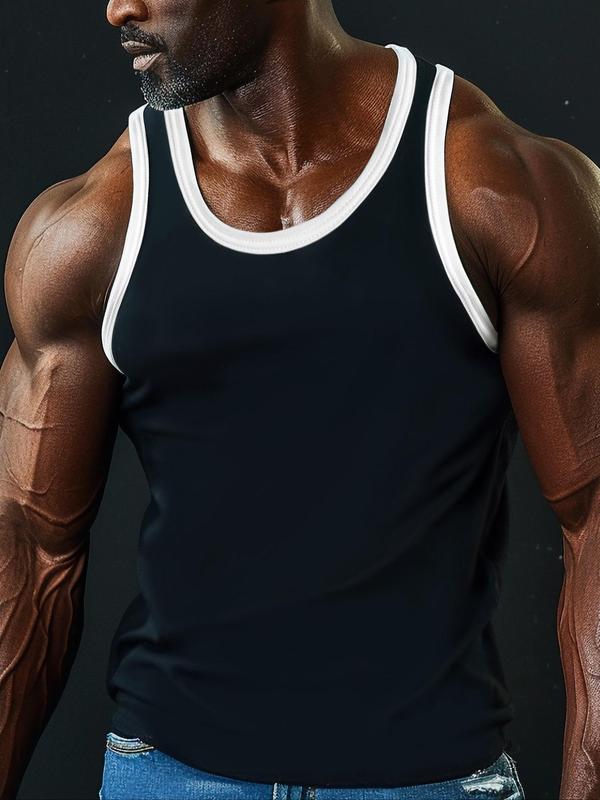 Men's Regular Fit Contrast Binding Round Neck Sports Tank Top, Running Vest, Casual Breathable Sweat-absorbing Crew Neck Sleeveless Top for Gym Workout Running, Summer Sportswear for Men