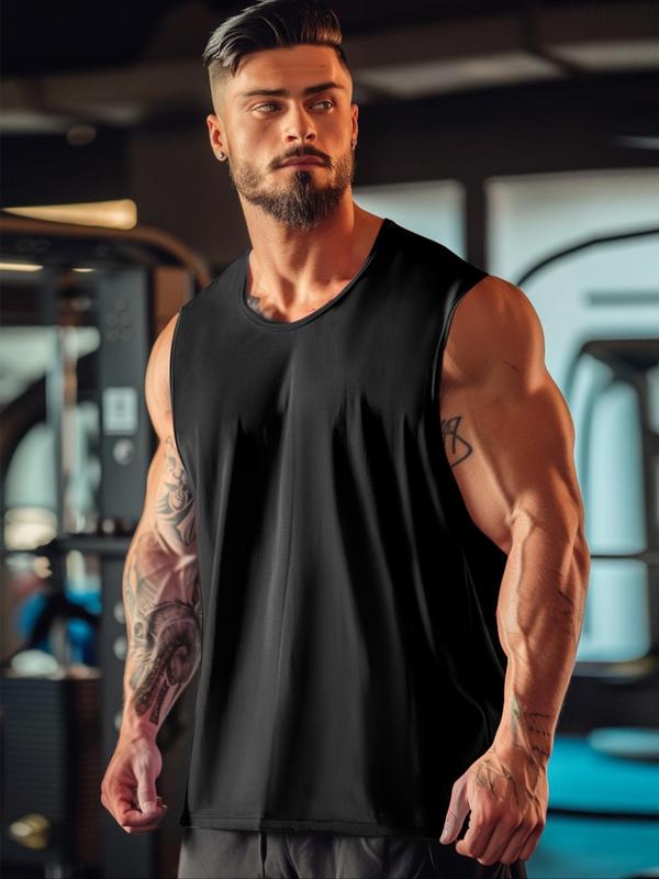 Sporty Men's Solid Color Round Neck Sports Vest, Quick Drying Breathable Comfortable Sports Tank Top, Summer Sports Top for Gym Workout Running