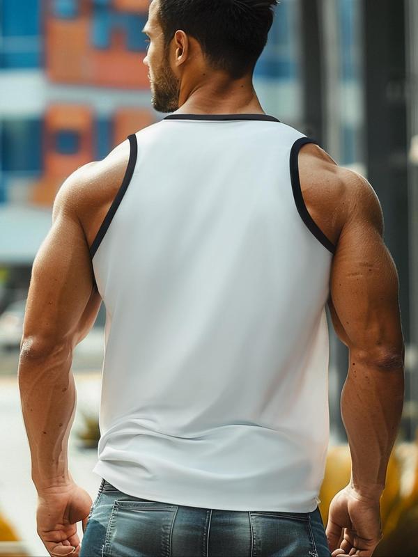 Men's Regular Fit Contrast Binding Round Neck Sports Tank Top, Running Vest, Casual Breathable Sweat-absorbing Crew Neck Sleeveless Top for Gym Workout Running, Summer Sportswear for Men