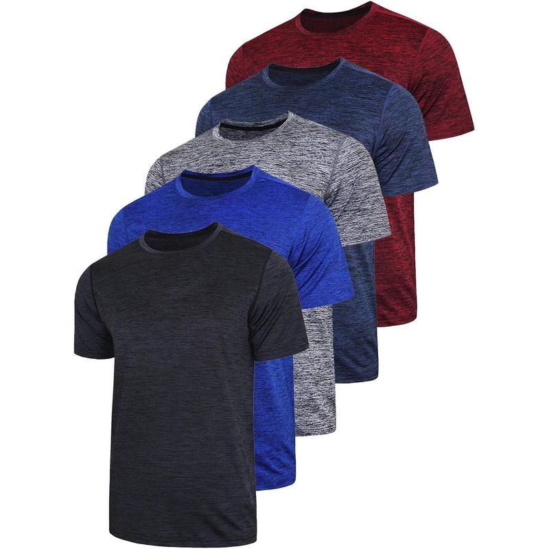 5 Pack Men’s Active Quick Dry Crew Neck T Shirts | Running Gym Workout Short Sleeve Tee Tops Bulk